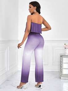 Chiquease 女士褶皱抹胸上衣和渐变喇叭裤休闲两件套 - 淡紫色 - 查看 2