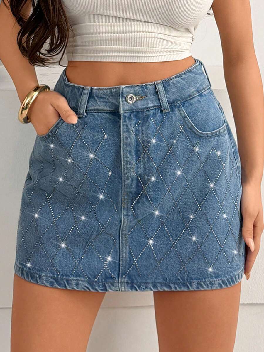 SHEIN Women Rhinestone Embroidered High Waist Mini Denim Skirt - Light Wash - View 1