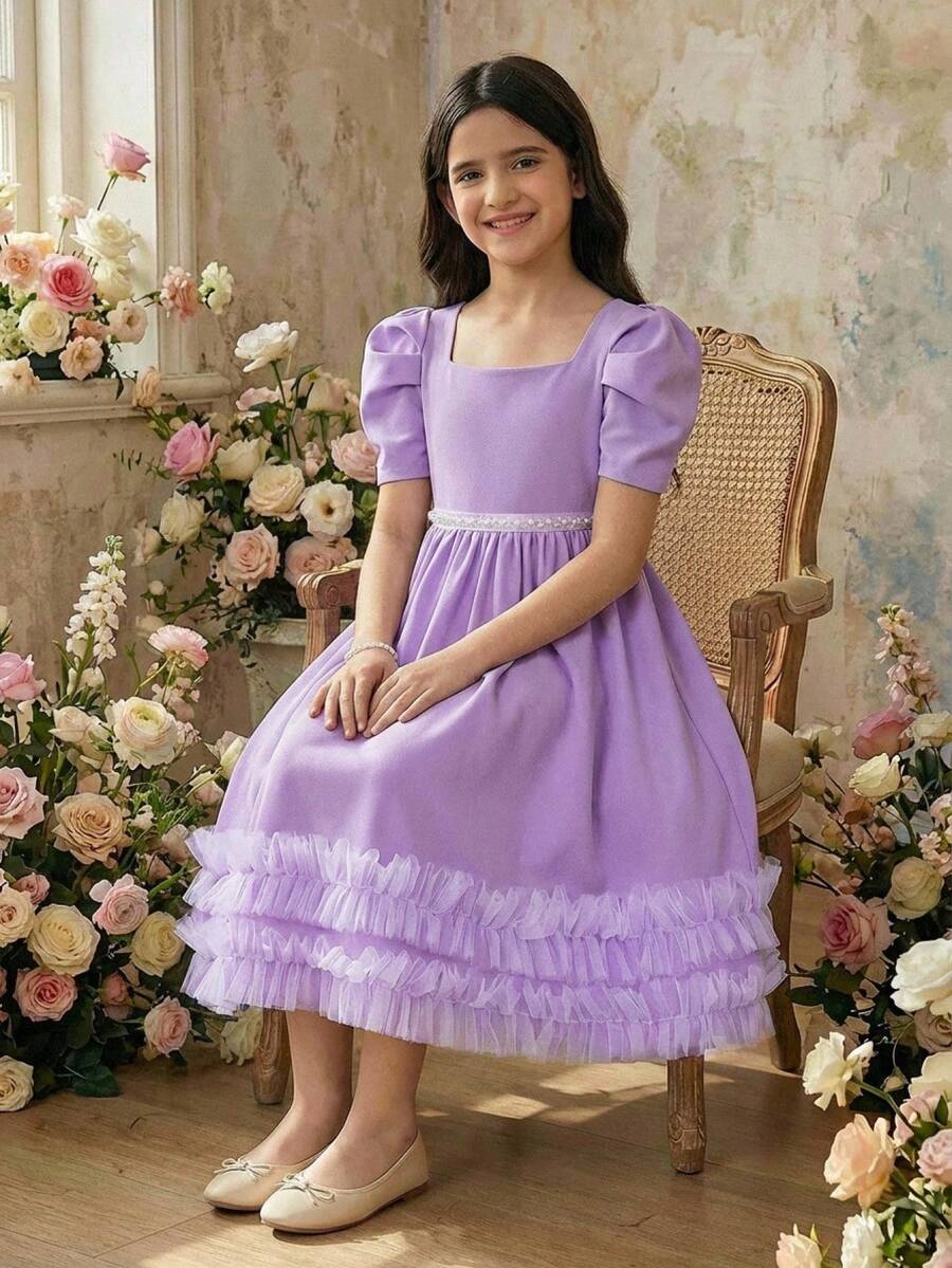 SHEIN Tween Girl Elegant Square Neck Pearl Decor Ruffle Hem Mesh Trim Dress Tween Girl - Purple - View 1