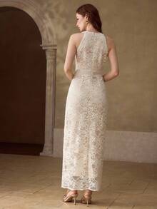 MOTF PREMIUM WOMEN'S HOLLOW LACE ROUND NECK SPLIT DRESS - Apricot - View 3