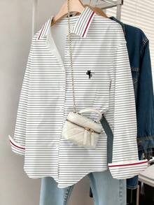 Resyla 女士落肩长袖条纹纽扣休闲衬衫 - 彩色 - 查看 1