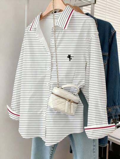 Resyla Women's Drop Shoulder Long Sleeve Striped Button Front Casual Shirt