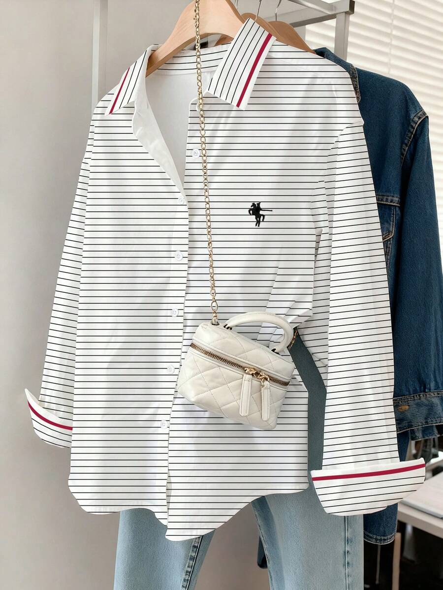 Resyla 女士落肩长袖条纹纽扣休闲衬衫 - 彩色 - 查看 1