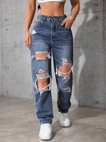 SHEIN ICON Women's Pocket Detail Distressed Straight Loose Casual Denim Jeans