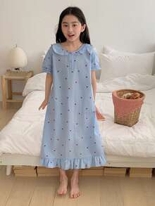 Dazy Kids 少女心形印花荷叶边睡裙家居服夏季 - 藍色 - 查看 6
