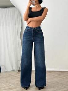 SHEIN Cottnline Damen High Rise Jeans mit Wascheffekt - marineblau - Übersicht 6