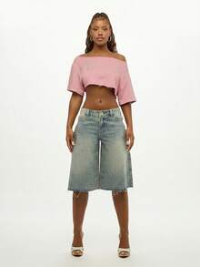 SUMWON WOMEN Rhinestone Logo Off Shoulder Cropped Sweatshirt Raw Hem Casual Pink Top Women Spring Fashion - Baby Pink - View 7