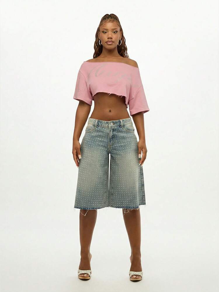 SUMWON WOMEN Rhinestone Logo Off Shoulder Cropped Sweatshirt Raw Hem Casual Pink Top Women Spring Fashion