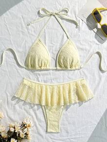 Swim Mod Bộ 2 món đồ bơi bikini tam giác hở lưng dây mảnh gợi cảm tối giản màu trơn & viền bèo nhún - Màu vàng - Xem 7