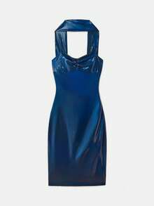 lacRébo Navy Blue Shiny Fabric Bodycon Midi Dress With Ruched Bust And Matching Scarf Sexy Chic Party Dress Evening Dress Spring Summer Dress Premium Outfits Siren Gaze Dress Metallic Dress Shiny Dress  New Year Party Outfits French Style Parisian Style - Navy Blue - View 8