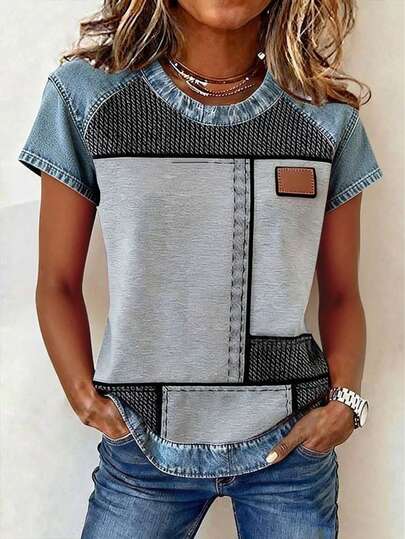 EMERY ROSE Women's Plaid Patchwork Round Neck Short Sleeve Casual Versatile T-Shirt