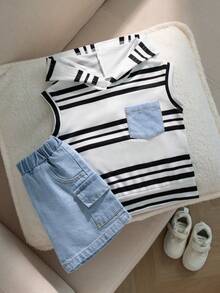 SHEIN Playful Pals Bộ 2 món áo hoodie tay cánh dơi kẻ sọc và quần short kaki cho bé trai sơ sinh/trẻ nhỏ, phong cách đường phố năng động. - Nhiều màu - Xem 5