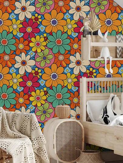 1 Roll Colorful Cartoon Style Self-Adhesive Wallpaper, Cute Sunflower Floral Texture Contact Paper, Waterproof Removable Non-Adhesive Wall Paper, Easy To Install And Clean, Suitable For Home Decor, Kitchen, Cabinet, Dining Room, Bedroom, Living Room, Furniture Renewal