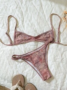 Elavelle 2pcs/Set Women's Random Print Spaghetti Strap Sexy Bikini Set, Summer - Multicolor - View 3