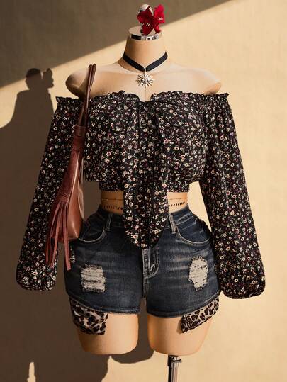 SHEIN ICON Women's Plus Size Spring/Summer Retro Sexy Millennial Style Y2K Beach Vacation Bohemian Music Festival Outfit Tie-Up Off-Shoulder Lantern Sleeve Small Floral Print Top