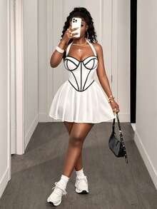 SHEIN BamGlam Summer Sexy Contrast Trim Ruched Hem Backless Halter Dress - White - View 3