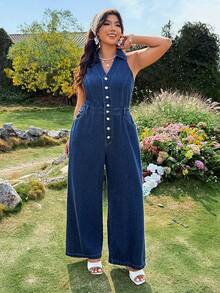 Breezaya Plus Size Sleeveless Casual Denim Jumpsuit, Summer - Blue - View 3