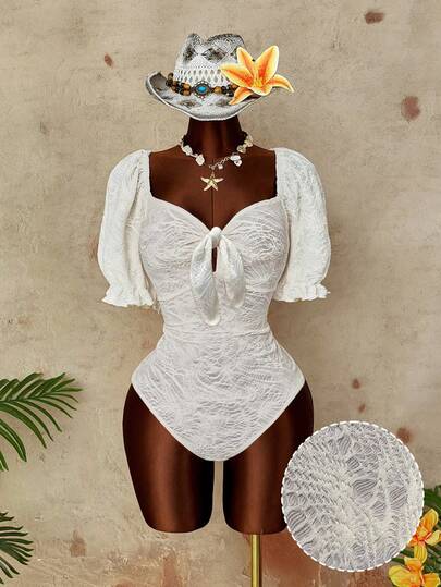 Sunspun 大码春夏系带花瓣袖纹理优雅连体衣，适合度假、约会、派对