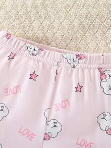 2pcs Newborn Baby Girls Short Sleeve Top And Long Pants Pajama Set, Knitted Fabric With Digital Printing, Cute Cloud Pattern, Pink Tone - Pink - View 5