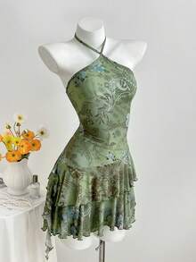 Elamini Y2K复古岛屿度假印花不对称下摆露背迷你连衣裙 - 綠色 - 查看 1