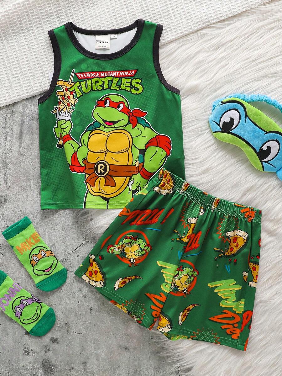 TEENAGE MUTANT NINJA TURTLES | SHEIN 2pcs/Set Young Boy Casual Style Cartoon Print Vest & Shorts Pajamas - Multicolor - View 1