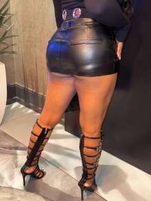 Chea Andrea 纯色紧身铅笔裙，低腰迷你短款 PU 皮革女装 - 黑色 - 查看 2