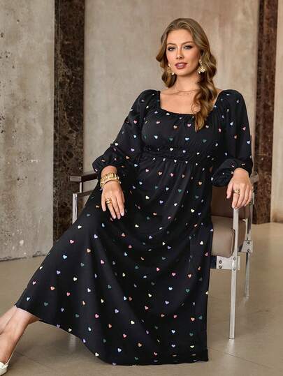 Roveilla Plus Size Women's New Elegant White Base Black Floral Colorblock Square Neck Long Sleeve Waist Cinched A-Line Maxi Dress