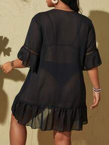 Swim Lushoire 大尺碼度假海灘純色深V領透視遮陽裙 - 黑色 - 查看 2