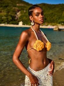 Swim Vcay Women's Summer Vacation Faux Pearl Decor Crochet Floral Halter Cover-Up - Yellow - View 6