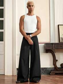 SWAVVY Celana Panjang Pria Ukuran Standar Warna Polos dengan Lipatan dan Kantong, Model Kaki Lebar, Celana Kasual Bisnis. - Hitam - View 3