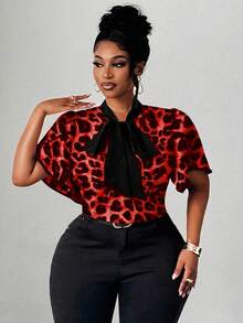 Maweii Plus Size Women's Elegant Romantic Heart Print Blouse With Bow Collar, Ruffle Trim And Contrast Color Design, New Spring/Summer - Multicolor - View 4
