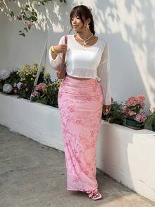 GalTyme 大码女式休闲纯色落肩短款上衣 - 米色 - 查看 5