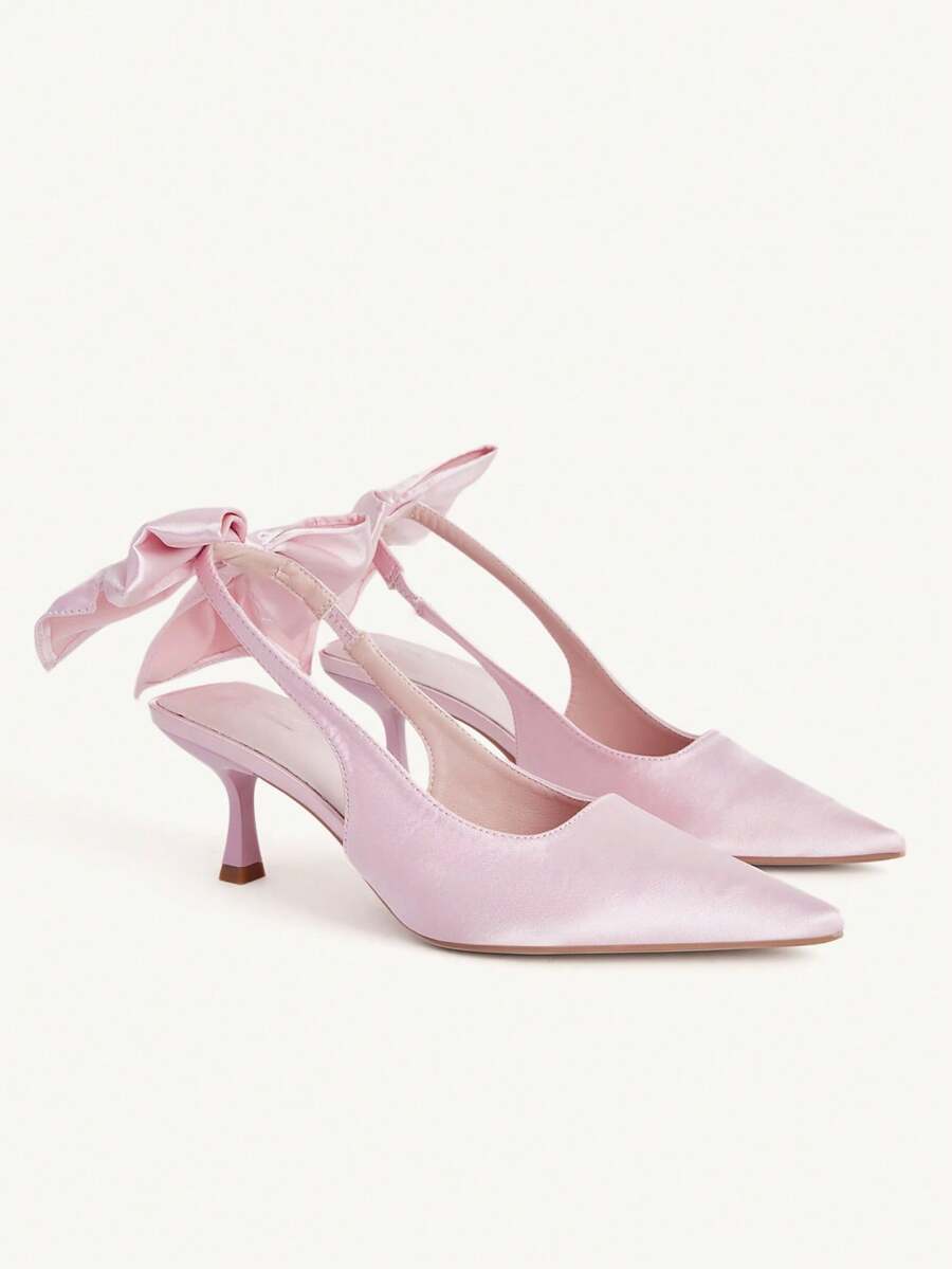 CUCCOO CHICEST 尖头时尚百搭气质优雅仙女后背蝴蝶结缎面粉色露跟高跟鞋 - 粉色 - 查看 1