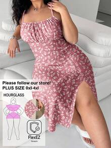 Solflare Đầm hai dây cỡ lớn dành cho nữ, họa tiết hoa nhí, xẻ tà bên hông, xếp ly. - Hồng - Xem 1