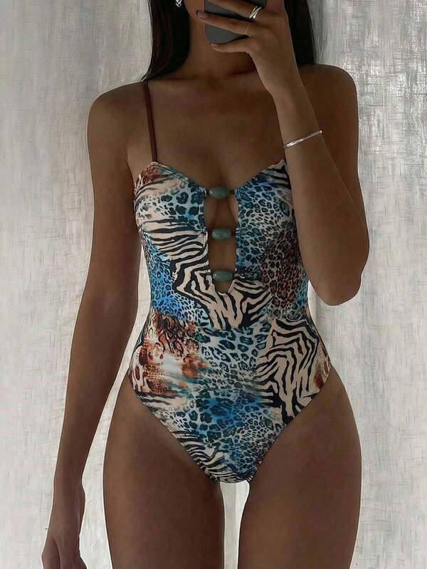 Swim Vcay Traje de baño de una pieza con corte alto, tirantes finos y decoración, con estampado digital para primavera/verano para la playa y vacaciones