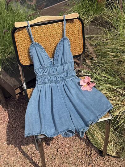 Comfortcana Women's Pleated Casual Daily Date Outing Denim Romper Summer Jumpsuits Spring Clothes Women Easter Jumpsuits Women Elegant Party Jumpsuits Beach Outfits Going Out Jumpsuits For Women Birthday Jumpsuits For Women Vacation Outfits Women Casual Jumpsuits For Women Blue Jumpsuits Light Blue Denim Ruffle V Neck Mini Playsuit For Women Spaghetti Strap Shirred Waist Summer Fashion
