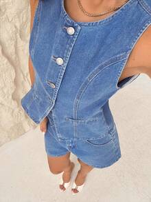 TRNVIE Women's Casual Sleeveless Single-Breasted Jacket, Suitable For Daily Commute And Vacation, Summer - Medium Wash - View 6