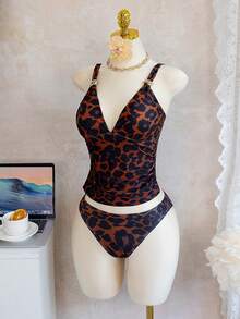 Women's Leopard Print V-Neck Tankini Swimwear Set, Casual Vacation Mature Style, Adjustable Straps, Slimming Design, Spring/Summer Animal Print Swimwear Women's Swimsuits Leopard One Piece Swimsuit Leopard Print One Piece Festival Outfits For Women Party Outfit,Beach Outfits - Multicolor - View 6