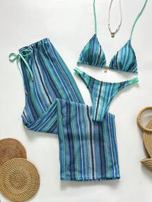 Swim Chiccia 女士夏季度假沙滩条纹挂脖比基尼套装（含泳裤） - 彩色 - 查看 1