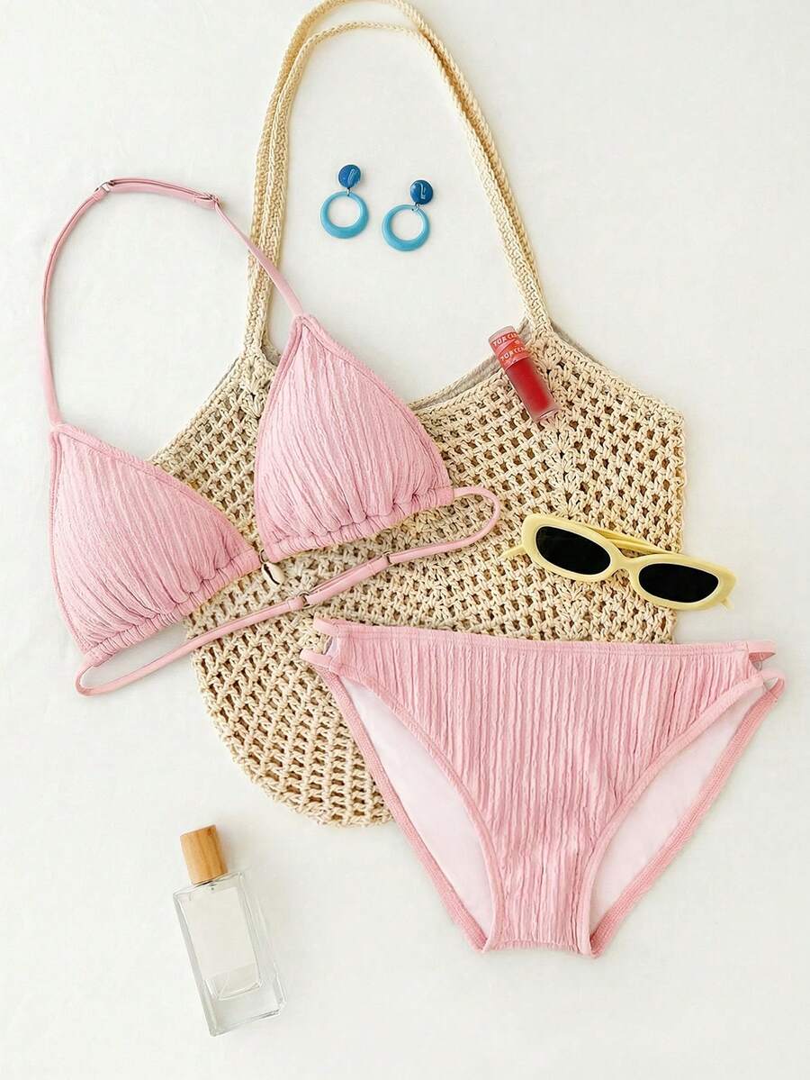 Colete Texturizado Sólido Azul para Adolescentes, Conjunto de Maiô Bikini Triângulo com Alças Finas e Costas Abertas em Formato de Chicote, Roupa de Banho de Verão - Rosa chiclete - Visão 1