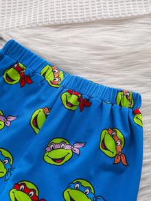 TEENAGE MUTANT NINJA TURTLES | SHEIN 2pcs Mutant Turtles Short Sleeve Button-Up Top And Shorts Pajama Set For Young Boys - Blue - View 4
