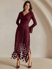 Anewsta 新款针织垂褶领口蕾丝拼接流苏下摆优雅派对连衣裙，红色 - 酒紅色 - 查看 6