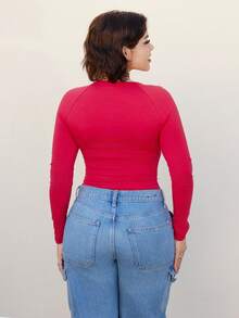 Lupita Cardoza Áo thun tay dài cổ tròn màu xanh đậm, thường ngày, dạo phố, ngày thi đấu, trở lại trường, chất liệu cotton, màu khối cho nữ mùa đông/thu - Màu Đỏ Sâu - Xem 2