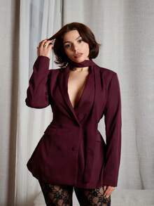 Lupita Cardoza Damen Burgunder Gewebe Jacke mit geraffter Taille und Doppelreiher Krawattenkragen, elegant für Party, Urlaub, Büro, Pendeln, Date, Halloween, Weihnachten vielseitige Blazer, Damen Burgunder Jacke Damen Anzüge Burgunder Damen Blazer für Damen Blazer für Damen Damen Nachtclub Party Weihnachtsballkleid - Rot - View 6