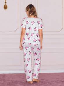 Heart Print Short Sleeve & Pants Women Pajama Set - Multicolor - View 2