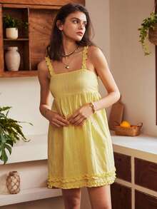女士波西米亚风度假休闲提花舒适宽松荷叶边迷你家居连衣裙 - 黃色 - 查看 5