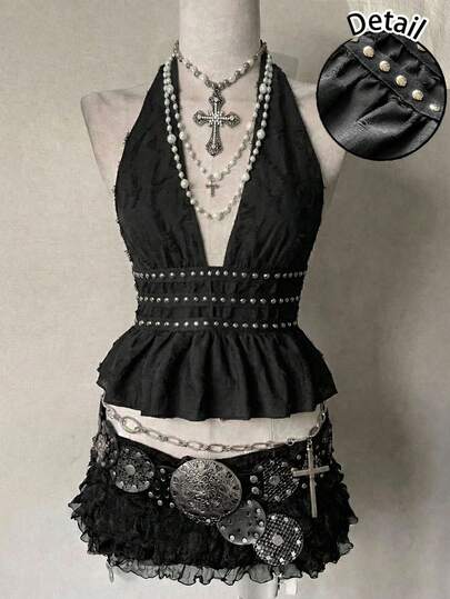 Attitoon Top halter con espalda descubierta, estilo retro y sexy Y2K para festivales de música y punk
