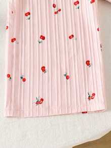 Genkimix Kids 1件女童复古休闲修身独特樱桃印花连体裤，适合夏季户外活动和上学穿着 - 粉色 - 查看 3