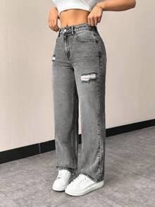 EMERY ROSE Jeans rectos ajustados y desgastados con bolsillos para mujer - Gris - Ver 4