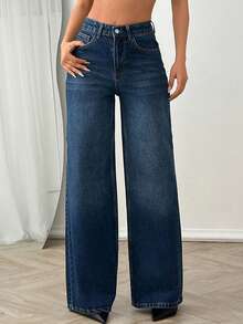 SHEIN Cottnline Damen High Rise Jeans mit Wascheffekt - marineblau - Übersicht 3